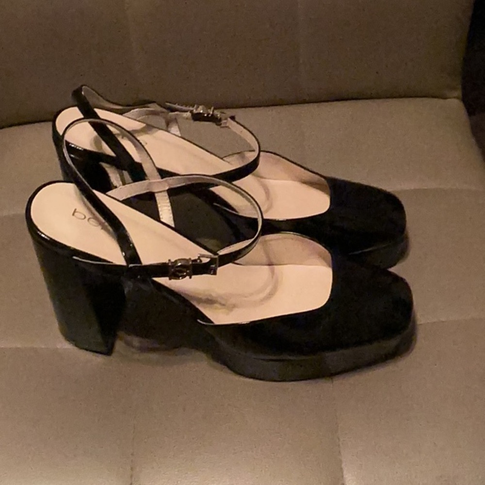Bebe Janysa Black Slingback Heels with Chunky Block Heel sz 11